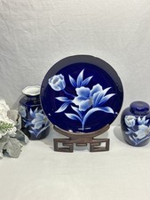 Fukagawa Blue Seiji Japanese Porcelain Vase Plate With Stand & Ginger Jar Gilded picture
