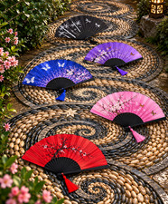 Oriental Folding Hand Fan Bamboo Fabric Floral Butterfly Tassel Compact Purse picture