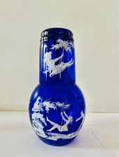 Fenton Art Glass Mary Gregory Cobalt Blue Bedside Carafe & Tumbler Set Gold Rim picture
