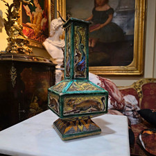 Rare Antique SACA Majolica Lamp Base Tiger Dragon Relief Marked 880 12.5