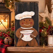 Gingerbread Baker Bowl Hand Painted Reclaimed Wood Christmas Wall Decor picture