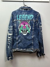 Black Pike Jacket Mens Medium Distressed Denim Trucker Embroidered Tiger Legend picture