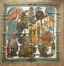 HERMES Armets en Panache Silk Scarf 90 Vintage Green Armor Helmut Carre  picture