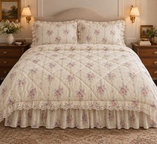 VTG Crown Crafts Floral Bedding Set Ivory Pastel Flowers Lace Ruffle Cottagecore picture