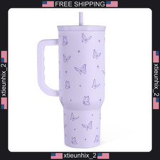 Stainless Steel 40oz Tumbler with Handle for Women, Purple Butterfly Design picture