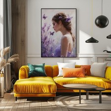 Hand Painted Oil Painting Young Woman Lavender Purple Butterflies Romantic 36