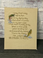 Finished Cross Stitch Fishing Fisherman Fish Backed Art Vintage Unframed picture