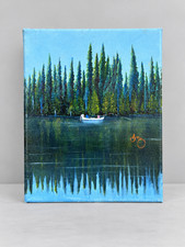 Original Acrylic Landscape Painting 8x10 Forest Lake Canoe Signed Canvas Art picture