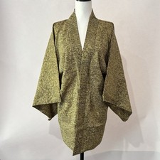 Vintage Japanese Silk Haori Kimono Jacket Olive Gold Abstract Pinstripe picture