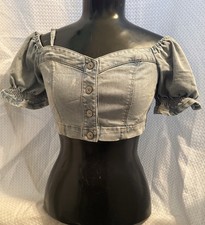 Vero Moda Denim Smocked Crop Top Women's M Puff Sleeve Peasant Shirt Blouse Blue picture
