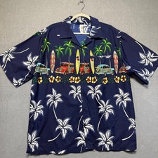 India Boutique Mens XL Hawaiian Aloha Shirt Navy Blue Palm Tree Car Surfboard picture