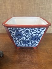 Vintage 1975 Fitz & Floyd Square Planter Japan Blue White Red Floral picture