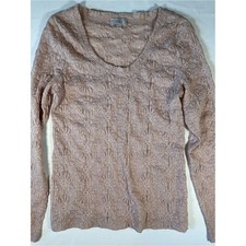 LOFT Women Pink Lace Texture Long Sleeve Scoop Neck Top Large picture