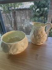 Belleek Irish Porcelain Creamer and Open Sugar Bowl Set Embossed Lotus Pattern picture