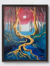 Original 14x11 Surrealist Crooked Tree Spooky Forest Moon Painting Signed Canvas picture