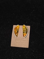 Natural Vintage 925 Sterling Silver Amber Earrings Orange  Cabochon Leaf Shape picture