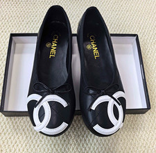 CHANEL Women's Black Quilted Leather Ballet Flats White CC Logo Bow US 8 picture