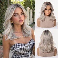 Shoulder Length Wavy Rooted Silivery Gray Synthetic Hair Wigs Women Soft picture