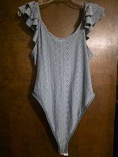 SHEIN Dark Sage Green Eyelet Lace Ruffle Flutter Sleeve Bodysuit Women’s Size S picture