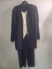 Vintage 80s Grandma Glam Sophisticated Set Black & Ivory Faux Vest Pant Suit 14 picture