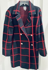 Anne Klein Womens Navy Red Windowpane Plaid DoubleBreasted Cardigan Sweater S picture