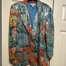 Sandy Starkman Multicolor Sequin Lined Button Front Long Blazer Jacket M picture