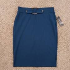 NYCC Skirt Small Blue Knee Length Pencil Pull On Slit Buckle Accent New picture