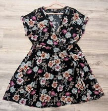 Torrid Womens 2 Black Floral Print Wrap Front Short Sleeve Mini Dress Boho picture