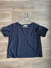 LOFT Navy Blue Lace Overlay Short Puff Sleeve Blouse Top Size L picture