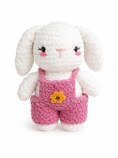 Handmade Crochet Velvet Bunny Amigurumi Toy with Pink Overalls Cute Gift picture