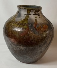 10.25” Lg Signed by KIM Raku Style Studio Art Pottery Vase Metallic Glaze picture