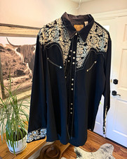 Scully P-634 Mens XXL Western Shirt Black White Floral Embroidered Pearl Snap picture