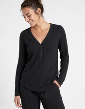 Athleta Wind Down Black Ribbed V-Neck Henley Long Sleeve Sleep Top Modal NWT $49 picture