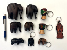 African Hand Carved Wood Elephant Figures Togo + Drum Keychains Folk Art Lot picture