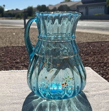 Antique Victorian Blue Glass Pitcher Hand Painted Enamel Gold Gilt Pontil Ruffle picture