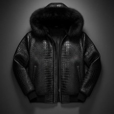 Men’s Black Crocodile Print Leather Jacket With Beautiful Head Cap picture