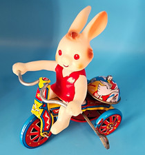 Vintage 1950's-60's Mechanical Tin Lithograph Windup Trike And Bunny Works Great picture