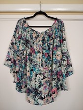 Boutique Blouse Women 2X Abstract Floral Bell Sleeve Peasant Boho Artsy picture