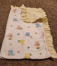 Vintage Homemade Quilted Bunny Baby Blanket Pastel Pink Yellow Blue Double Sided picture