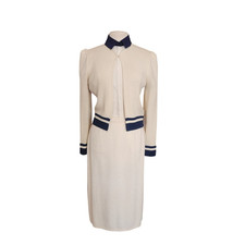 Vintage 1970s St John Suit Santana Knit Jacket Skirt Blouse Cream Navy 3 Piece picture