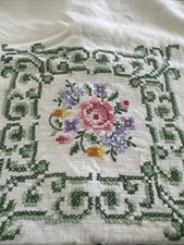 VTG Hand Embroidered Tablecloth 50x63 Ivory Linen Floral Cross Stitched Roses picture