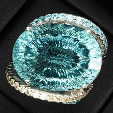 Luxurious Sky Blue Aquamarine Concave 26.85Ct 925 Sterling Silver Handmade Rings picture