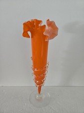 Vtg Murano Style Orange Trumpet Vase  Glass Ruffle Rim applied Rigaree  picture