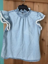 THML Womens Frilled Collar Flutter Sleeve Light Blue Chambray Top Size Medium picture