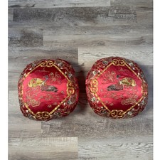 Vintage 70s Golden Cloud Silk Hand Embroidered Chinese Crane Pillow Pair Red picture