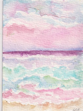 Original ACEO art Seascape, Ocean, Beach View, Sunset, Vertical picture