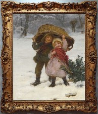 Hand Painted Classical Oil Painting Children Winter Art Canvas Vintage Style picture