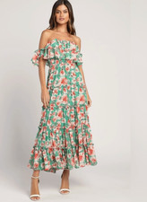 Lulus Chance For Us Maxi Dress Womens Large Green Floral Off Shoulder Ruffle picture