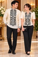 Elegant Couple Filipiniana & Barong-Inspired Black Embroidery Set- Ivory & Black picture