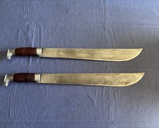 Vintage Mexican Style Machete Pair Spanish Proverb Engraved Wood Handles picture